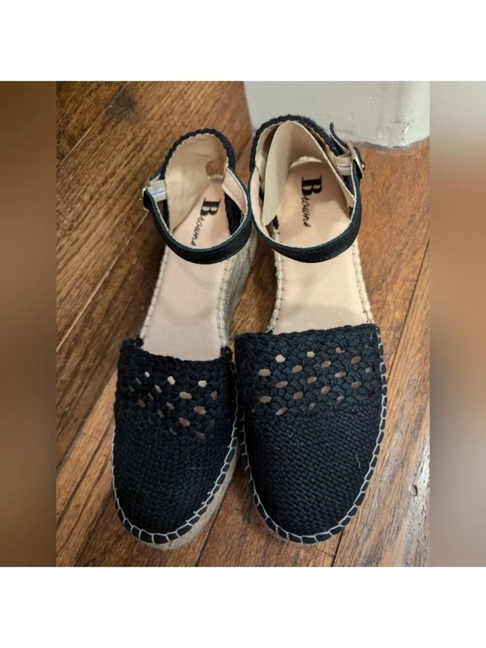 Browns Crochet Espadrille Sandal, black Woven Fabric Jute Platform SZ 11 EU 41